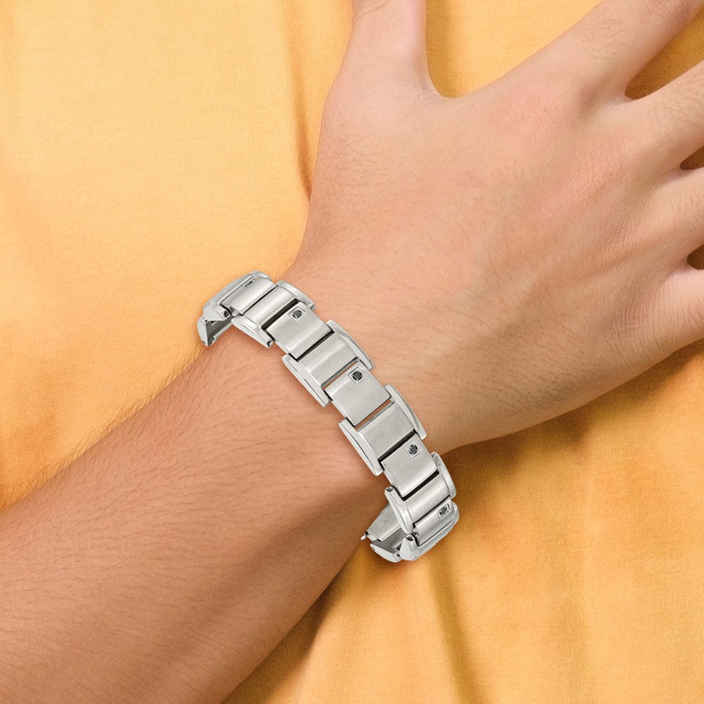 Stainless Steel Brushed and Polished with Black Diamonds 8.5in Bracelet 8.5 inches
