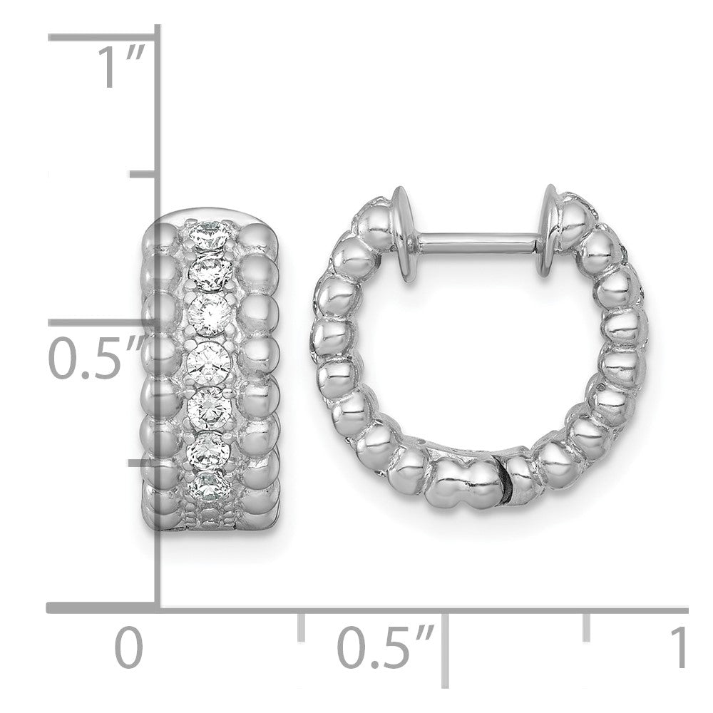 Sterling Silver Rhodium-plated Polished and Beaded CZ Round Hinged Hoop Earrings