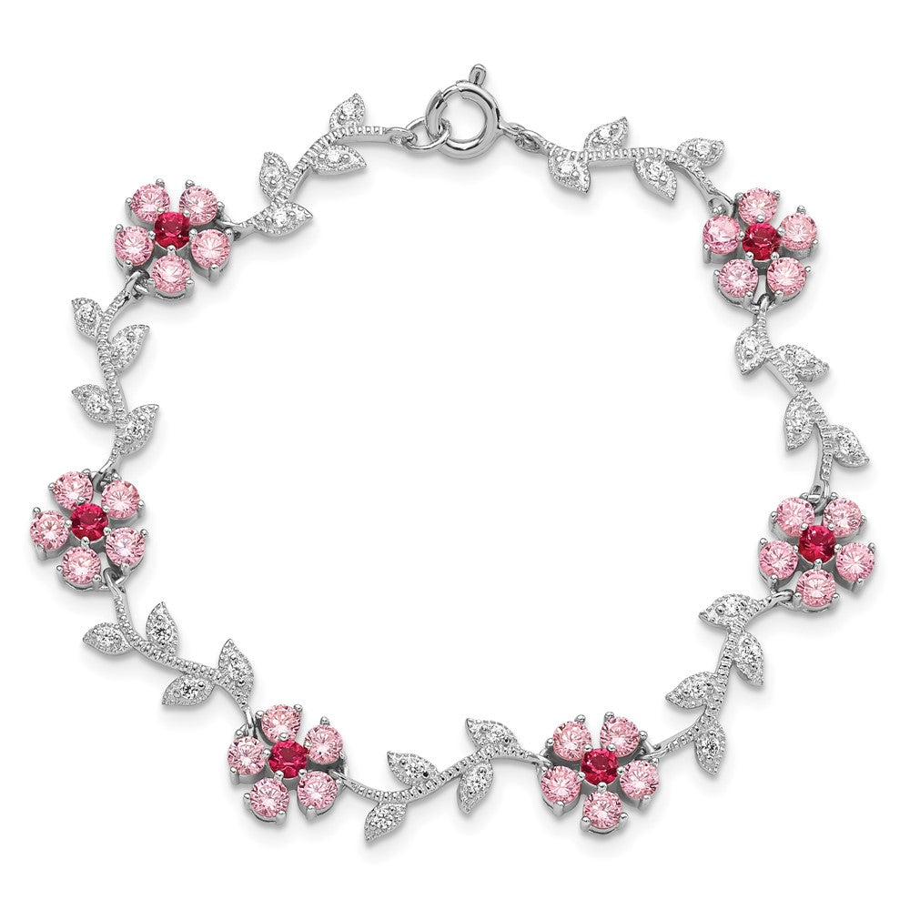 Sterling Silver Rhod-plated 7.75in Pink and Clear CZ Flower Bracelet 7.75 inches