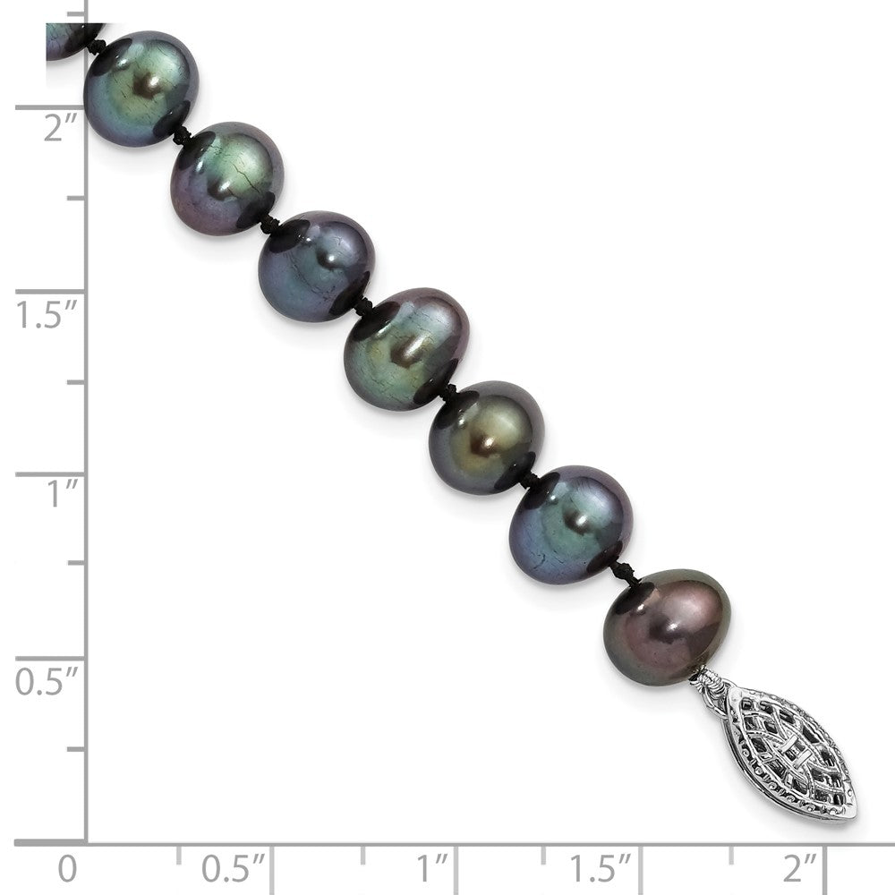 Sterling Silver Rhodium-plated 7-8mm Black Near-Round Freshwater Cultured Pearl 7.25 inch Bracelet 7.25 inches