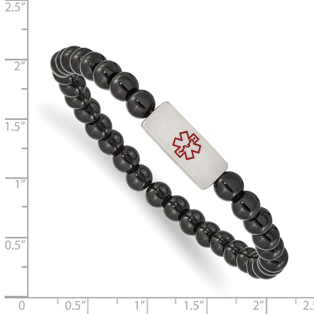 Stainless Steel Brushed Enamel Medical ID Plate Onyx Bead Stretch Bracelet