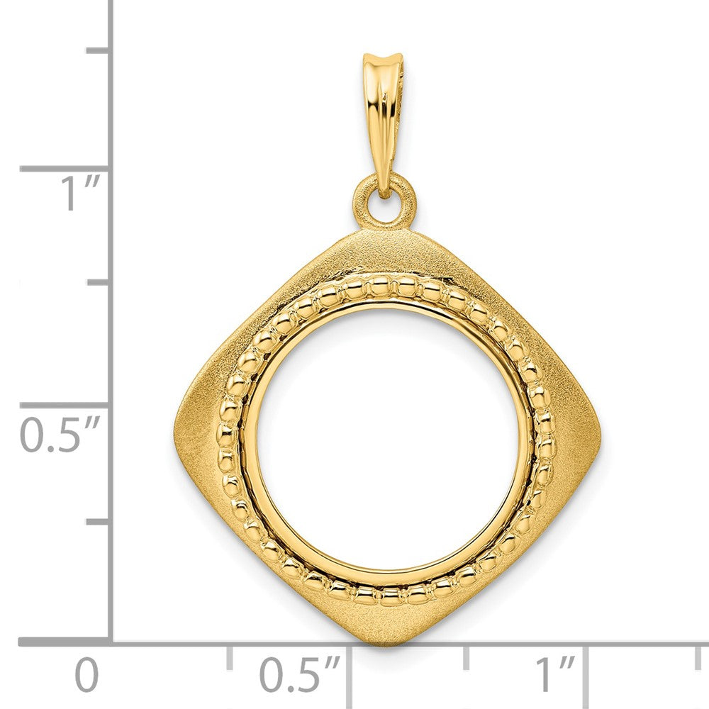 Wideband Distinguished Coin Jewelry 14k Polished Textured and Beaded Diamond Shaped 16.5mm Prong Coin Bezel Pendant