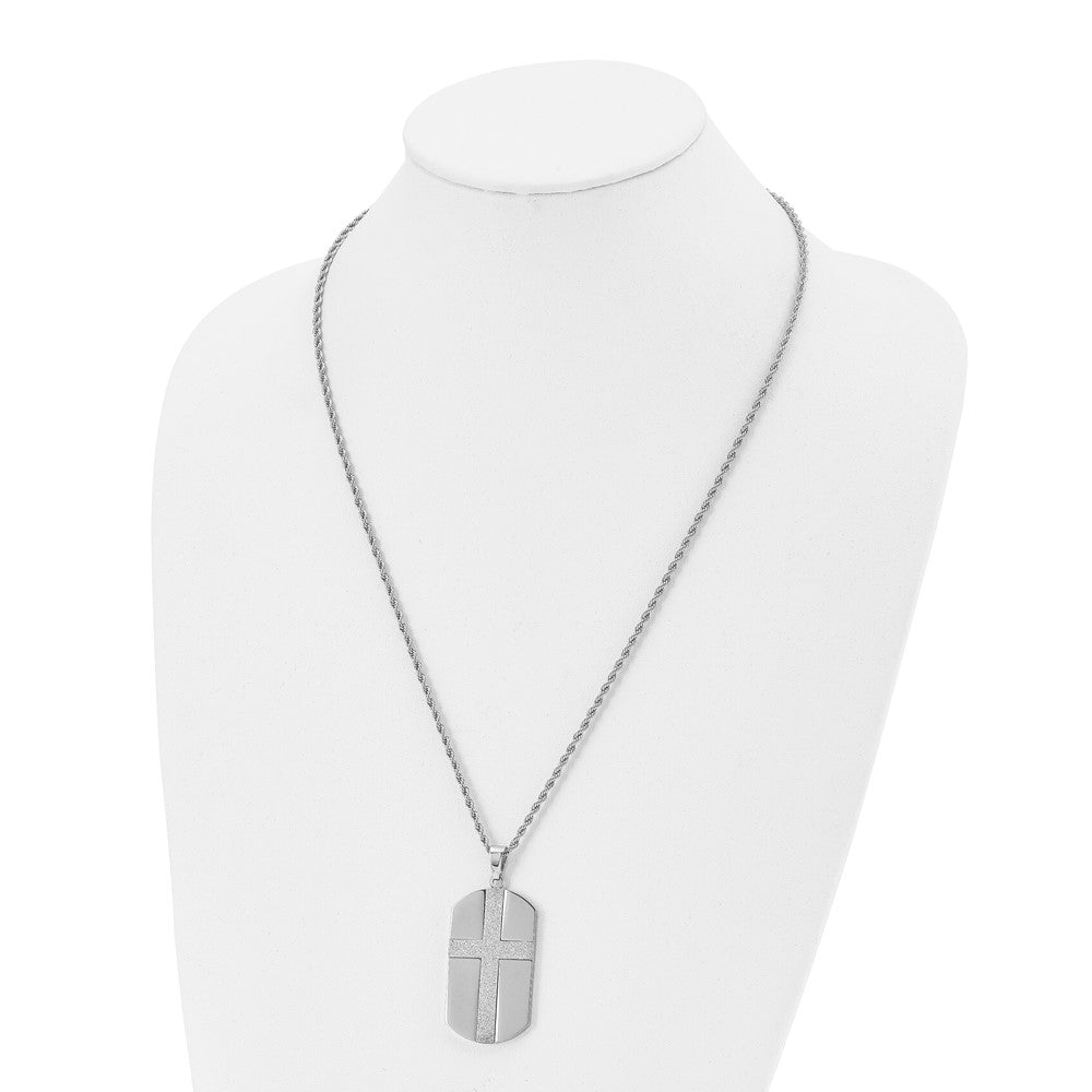 Stainless Steel Polished Laser Cut Cross Dog Tag 24in Necklace