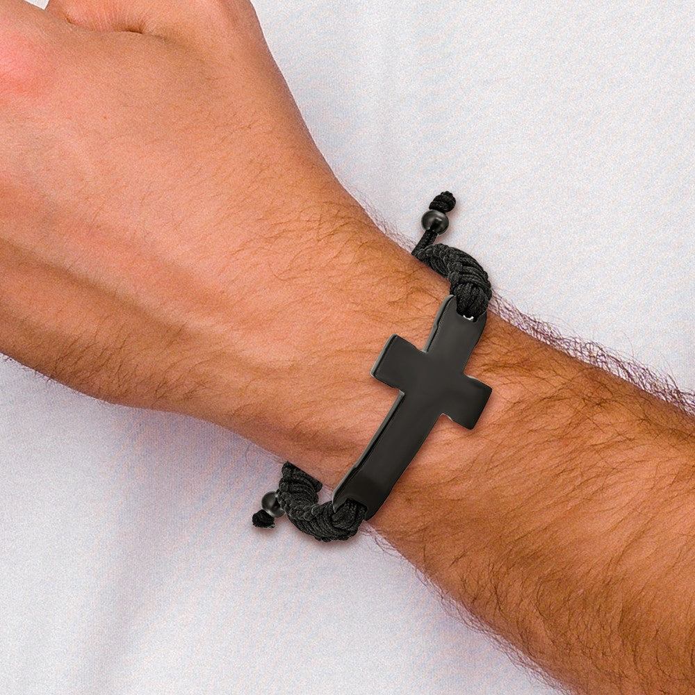 Stainless Steel Polished Black IP Black Nylon Adjustable Cross Bracelet 9.25 inches