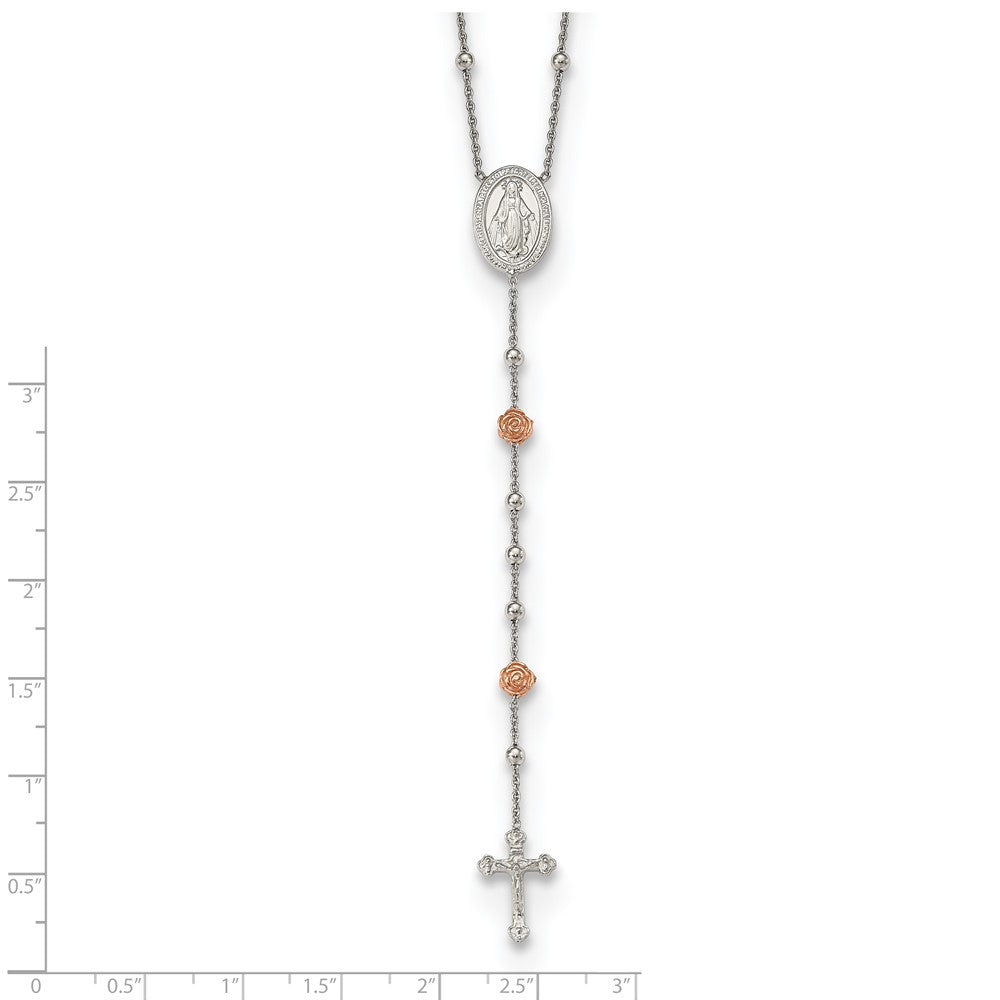 Sterling Silver RH-plated Beaded w/Rose-tone Roses Rosary 21in Necklace 21 Inches