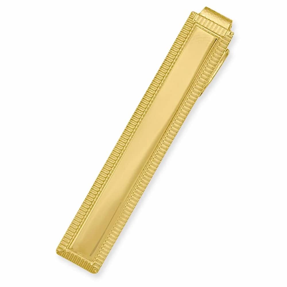 Gold Plated Solid Polished Florentine Engravable (front only) Lined Edge Tie Bar 48x7mm Wide-Tie Clip for Men