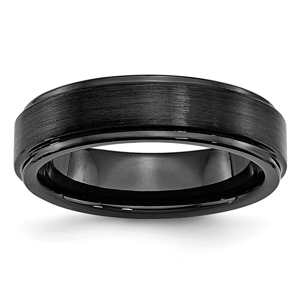 Black Ceramic Ridged Edge 6mm Brushed and Polished Band Size - 6.5