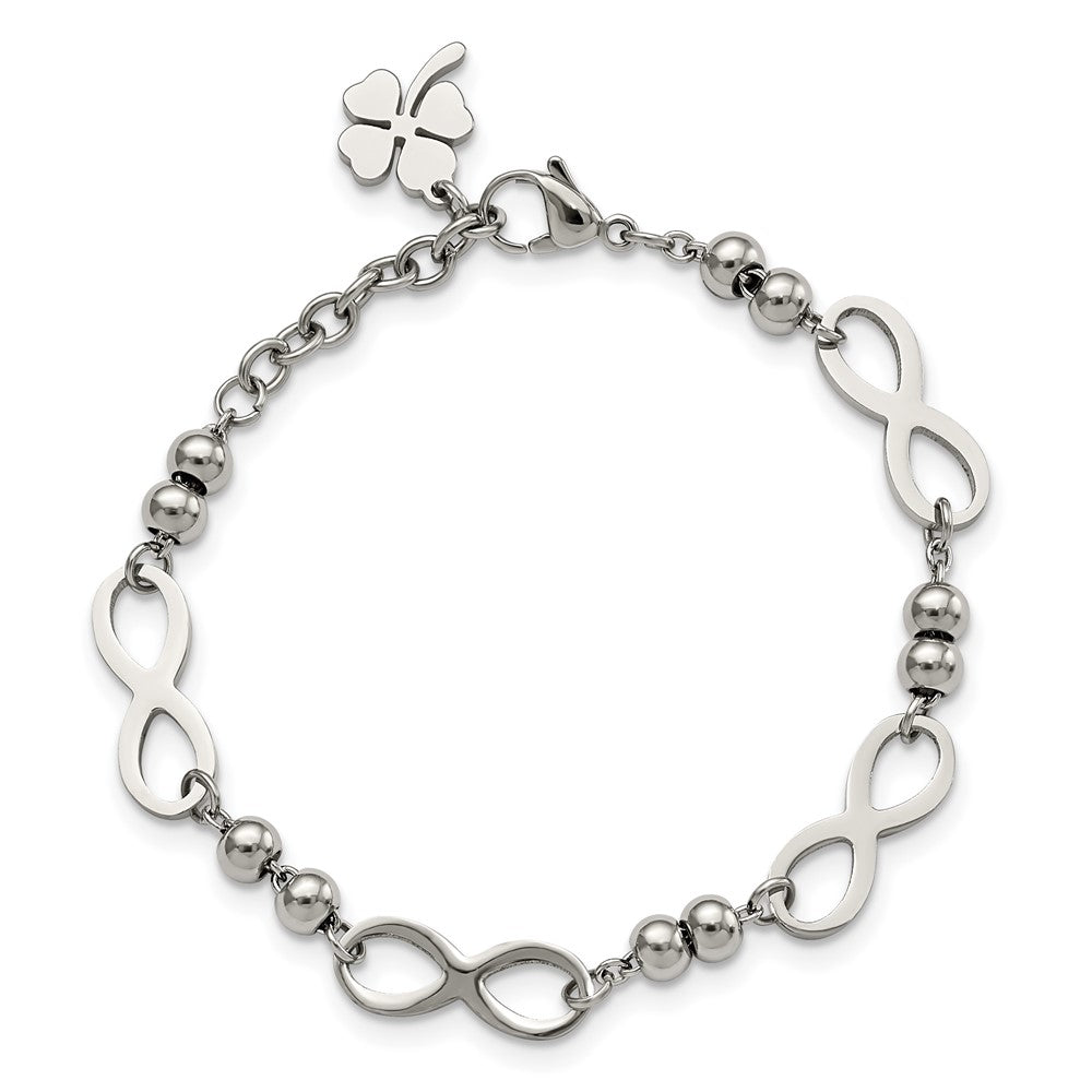 Stainless Steel Polished Infinity 4 Leaf Clover 6.5in w/1in ext. Bracelet