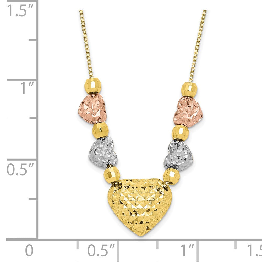 10K Tri-Color Puff & Flat hearts Necklace