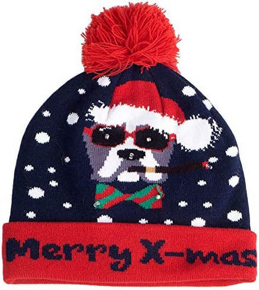 Christmas Themed Light Up Beanie With LED Lights (Merry Xmas Bulldog)
