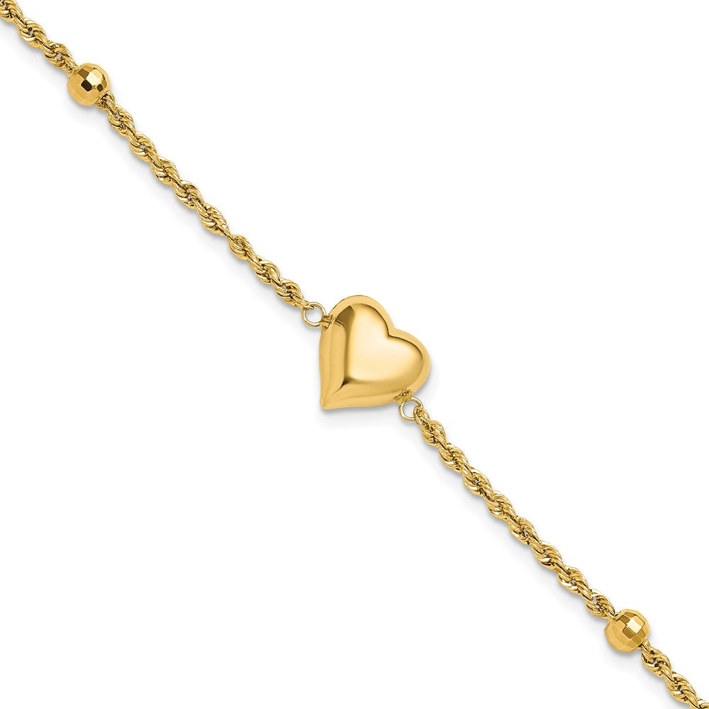 14k Polished and D/C Beaded Puff Heart 7.75in Bracelet 7.75 inches
