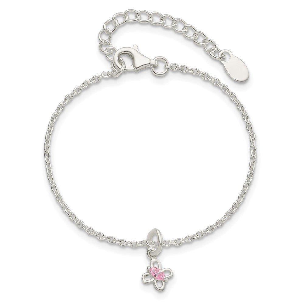 Sterling Silver Polished Pink CZ Butterfly w/ 1.5in Ext. Children's Bracele 6.5 inches