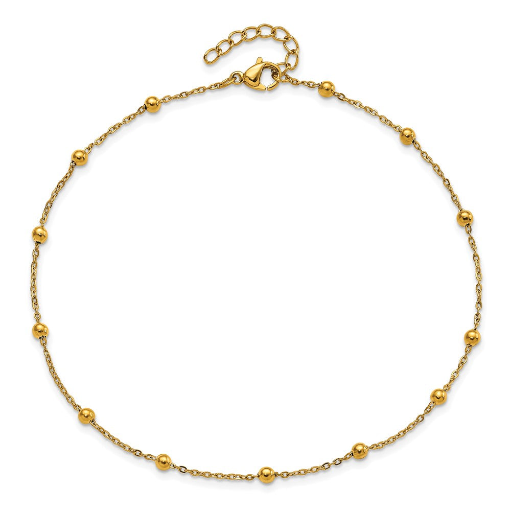 Stainless Steel Polished Yellow IP Beaded 9.5in Plus 1in ext. Anklet