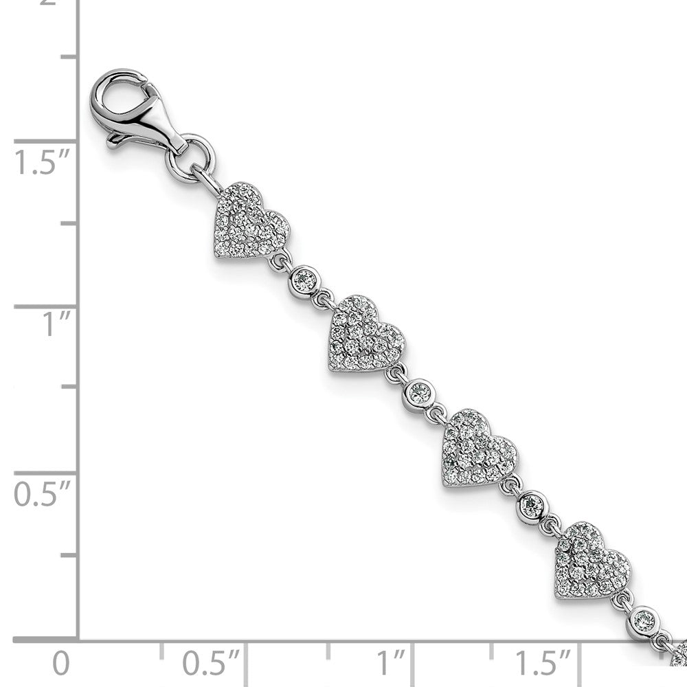 Sterling Silver Rhodium-plated Polished Pave CZ Hearts 7 Inch with 1 Inch Extension Bracelet 8 inches