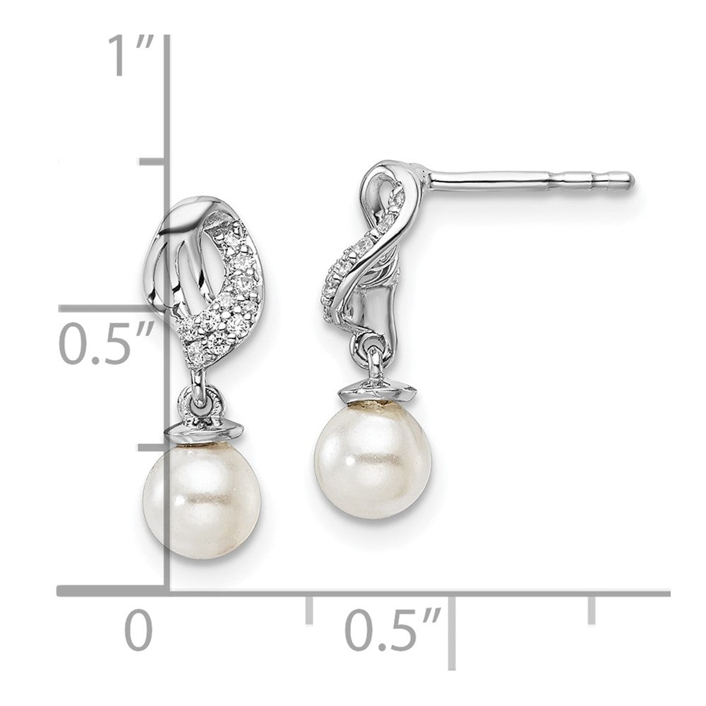 14K White Gold Polished Diamond and Pearl Dangle Post Earrings