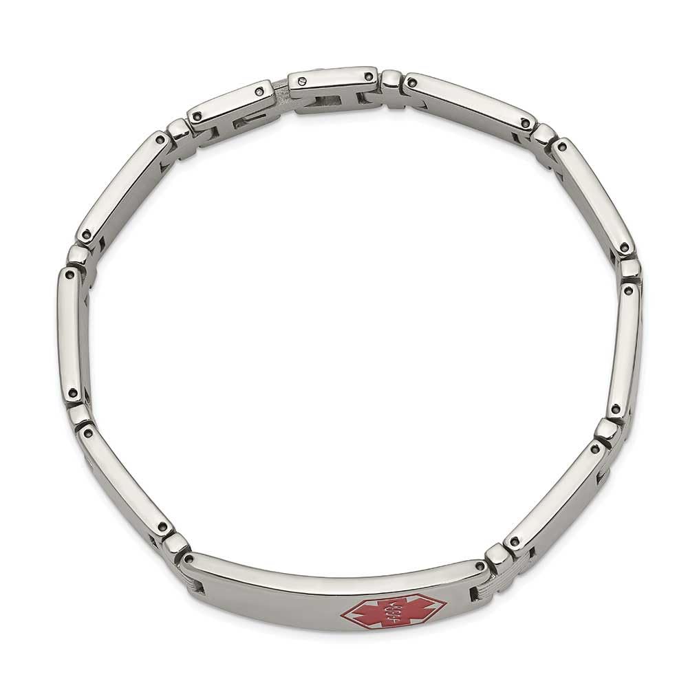 Stainless Steel Polished/Brushed Red Enamel 8.25in Medical ID Bracelet 8.25 inches