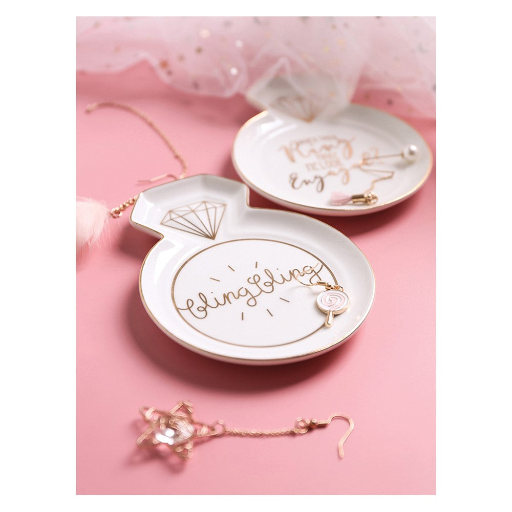 White and Gold-tone BLING BLING Ring Shaped Ceramic Trinket Dish