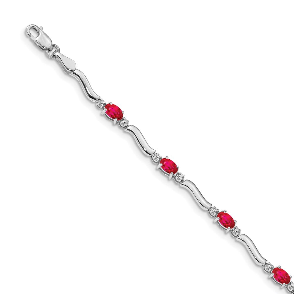 10k White Gold Diamond and Oval Ruby Wavy Link 7 inch Bracelet