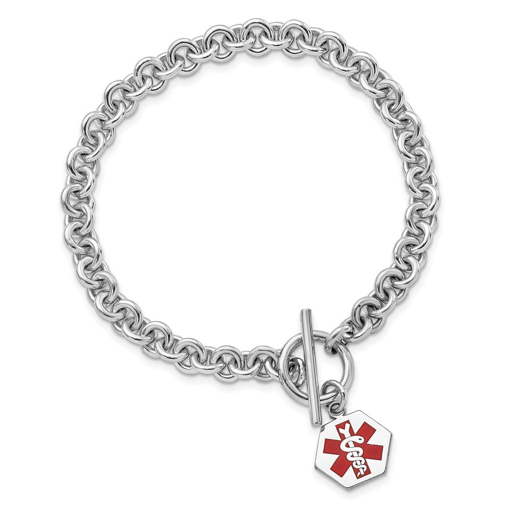 Sterling Silver Rhodium Engraveable Enamel Hexagon Medical ID Bracelet 7.75 inches