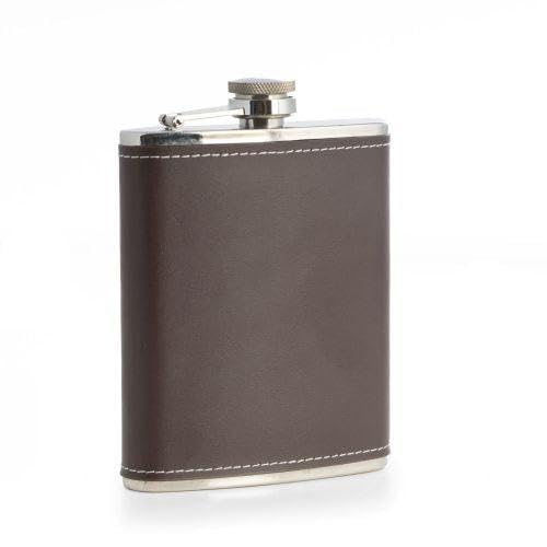 Bey-Berk International 6 oz Stainless Steel Brown Leather Flask with Contrast Stitching - Brown