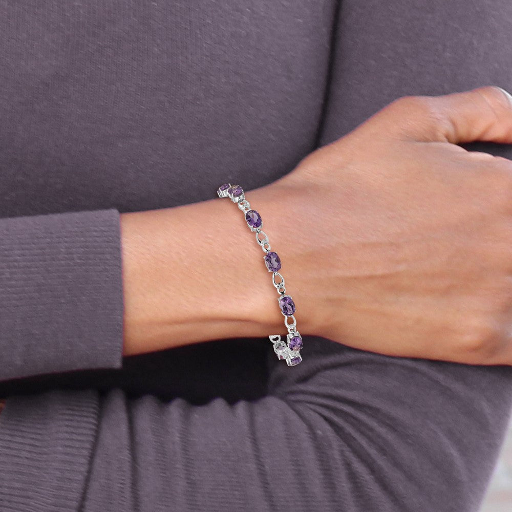 14k White Gold Complete Oval Amethyst and Diamond Fancy Link 7 inch Bracelet