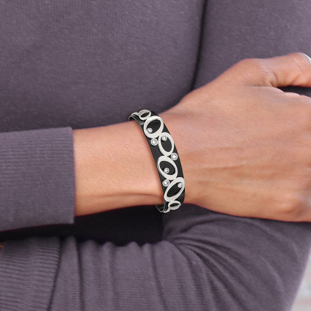 Stainless Steel 15mm Polished Black IP w/Swarovski Crystal Cuff Bracelet 6.5 inches