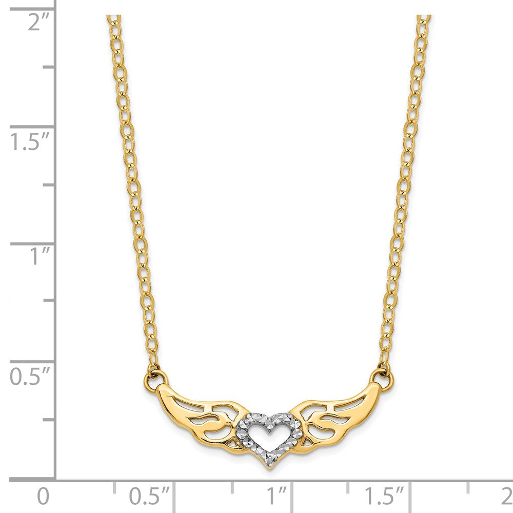 14K w/White Rhodium D/C Wings with Heart Pendant Necklace