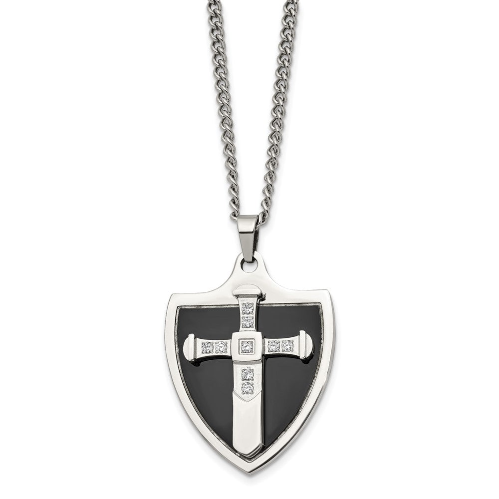 Stainless Steel Polished Black IP-plated w/CZ Cross Shield 24in Necklace
