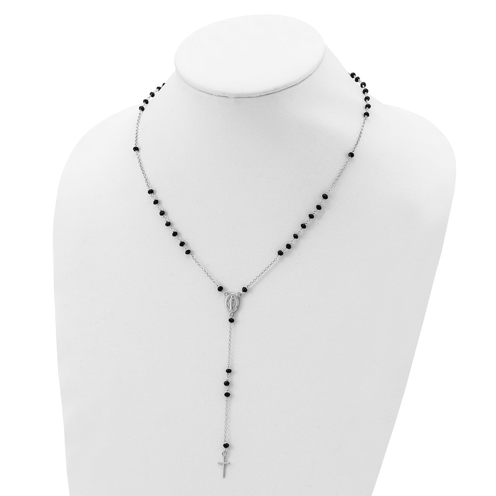 Sterling Silver Rhodium-plated Black Beaded Rosary w/1.25in .ext Necklace 19 Inches