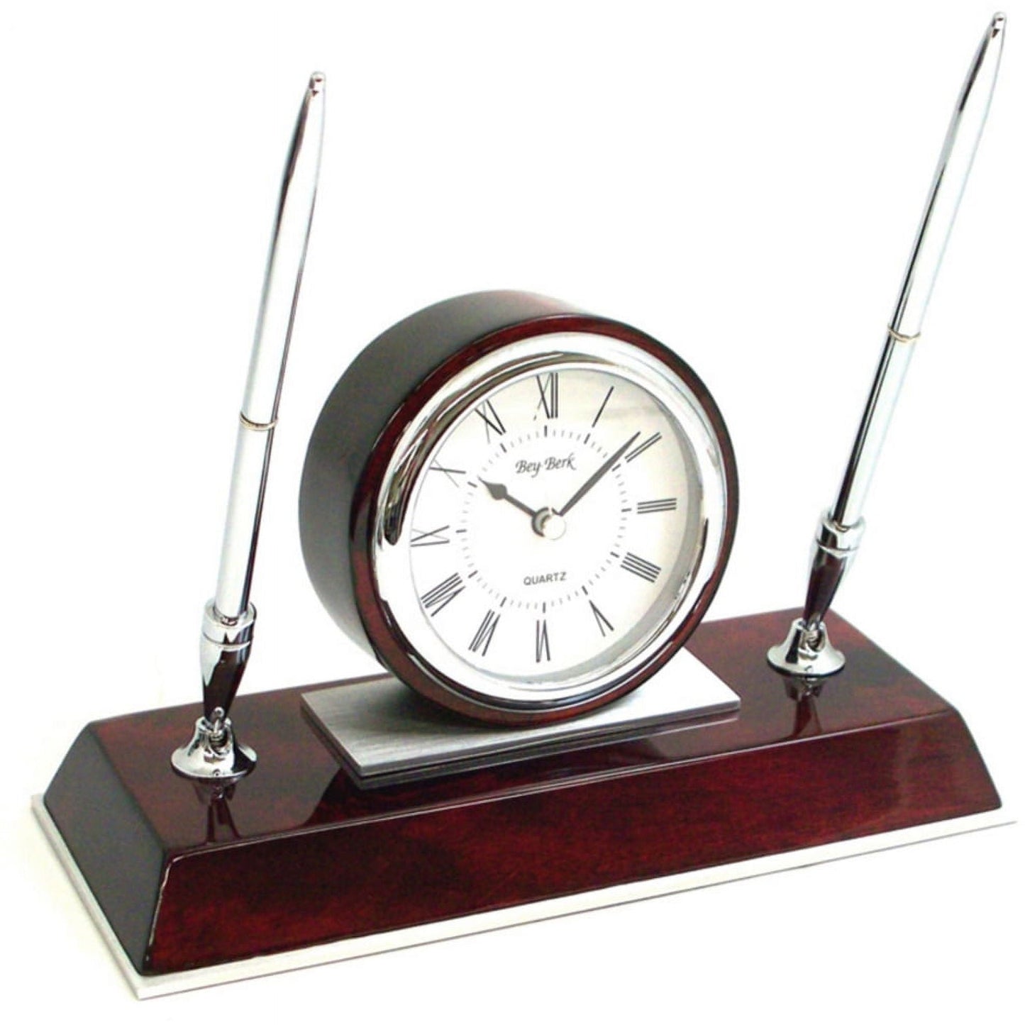 Bey-Berk International CM681 Dresden Lacquered Quartz Desk Clock with Chrome & Stainless Steel Accents, 2 Pens - Rosewood & Chrome