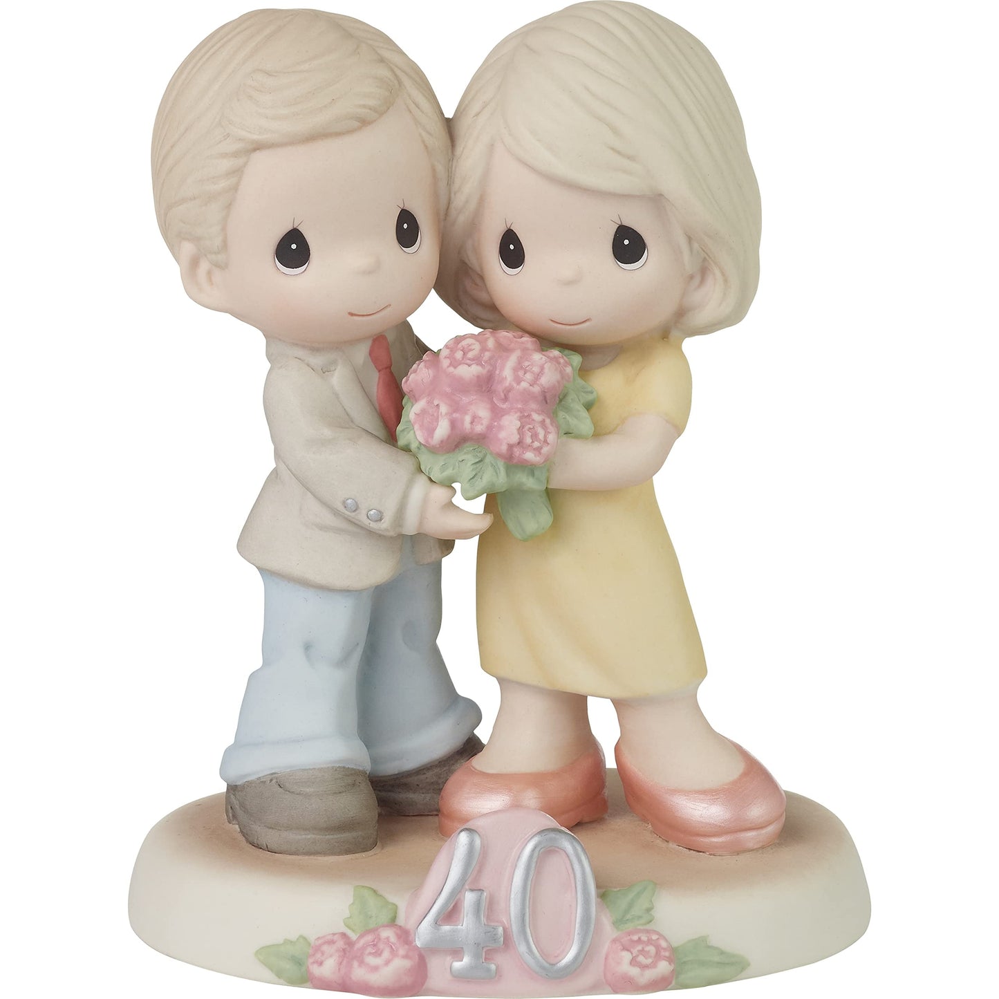 Precious Moments Hand-painted Porcelain Couple Holding Peony Bouquet 40th Figurine