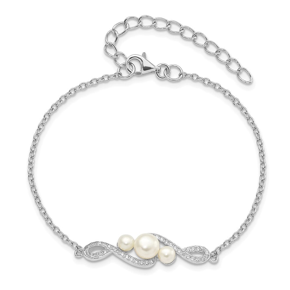 Sterling Silver Rhodium-plated 4-7mm White Button Freshwater Cultured Pearl and CZ 7 inch with 2 inch Extension Bracelet 9 inches