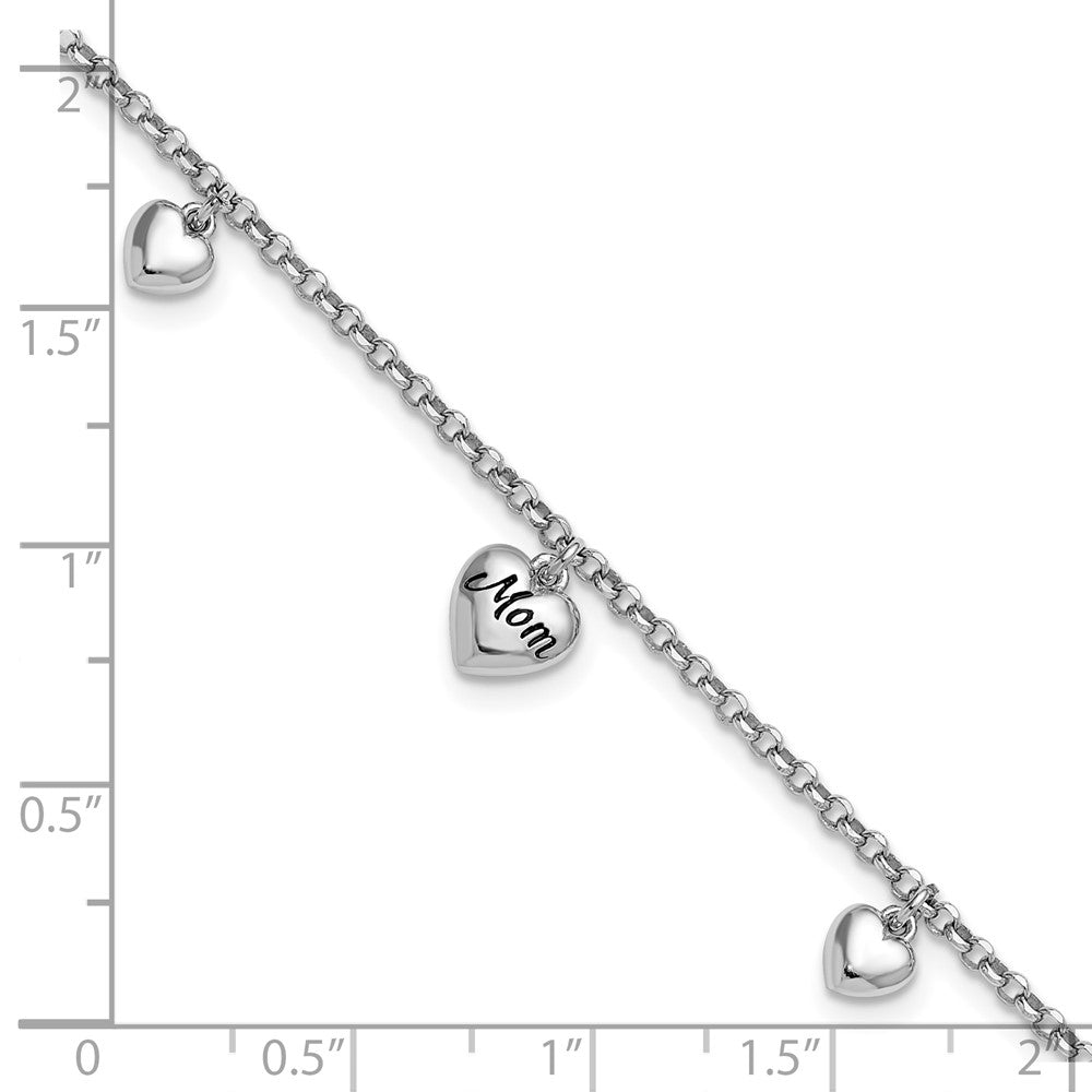 Sterling Silver Rh-plat Heart Enamel Mom Heart 6.5in w/.75in ext Bracelet 7.25 inches