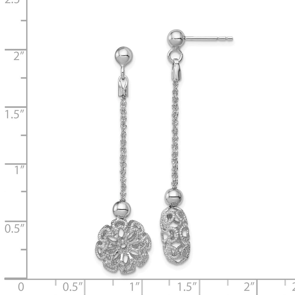 Sterling Silver RH-plated D/C Flower Post Dangle Earrings