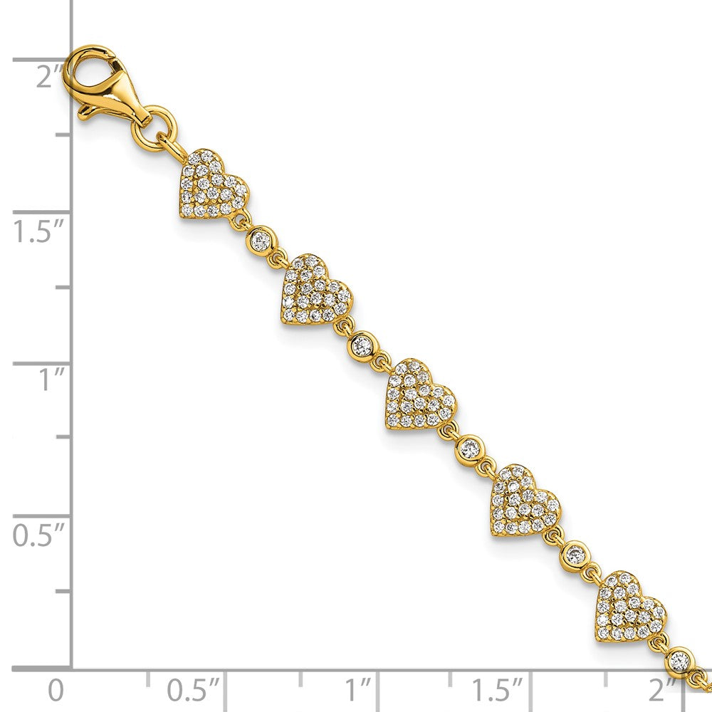 Sterling Silver Gold-tone Polished Pave CZ Hearts 7 Inch with 1 Inch Extension Bracelet 8 inches
