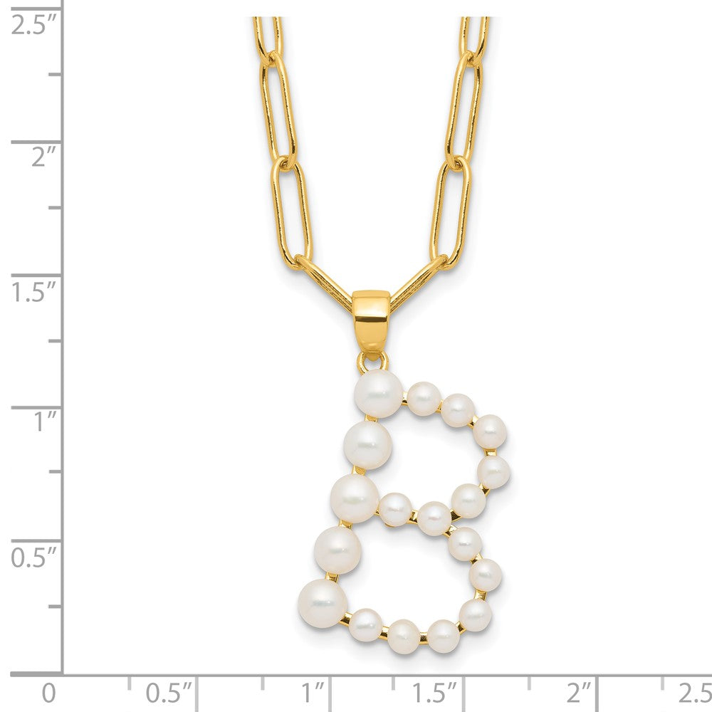 Sterling Silver Gold-plated 3-5.5mm White Button Freshwater Cultured Pearl LETTER B 18 inch Necklace