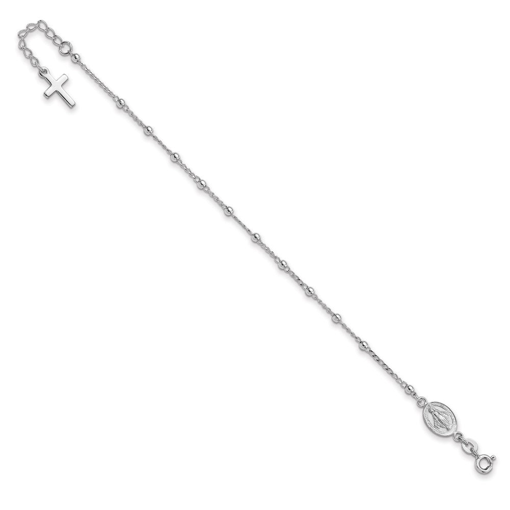 Sterling Silver Rhod-pltd Miraculous Medal/Cross w/1in ext. Bracelet 7 inches