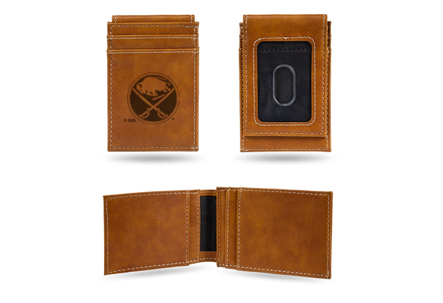 NHL Buffalo Sabres Brown Faux Leather Front Pocket Wallet with 2 Card Slots and ID Window QGC7569