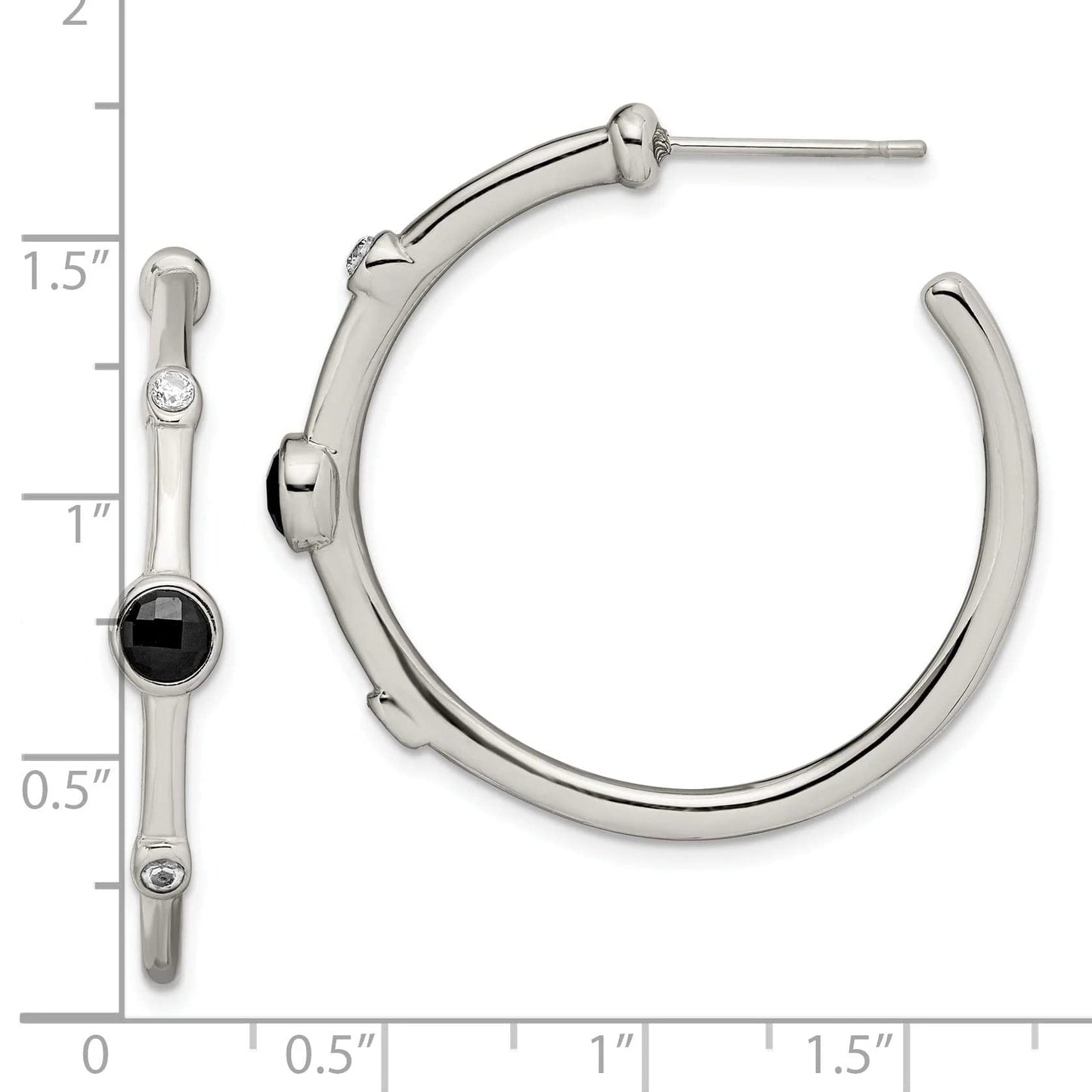 Stainless Steel Polished w/Black Onyx and CZ Post Hoop Earrings