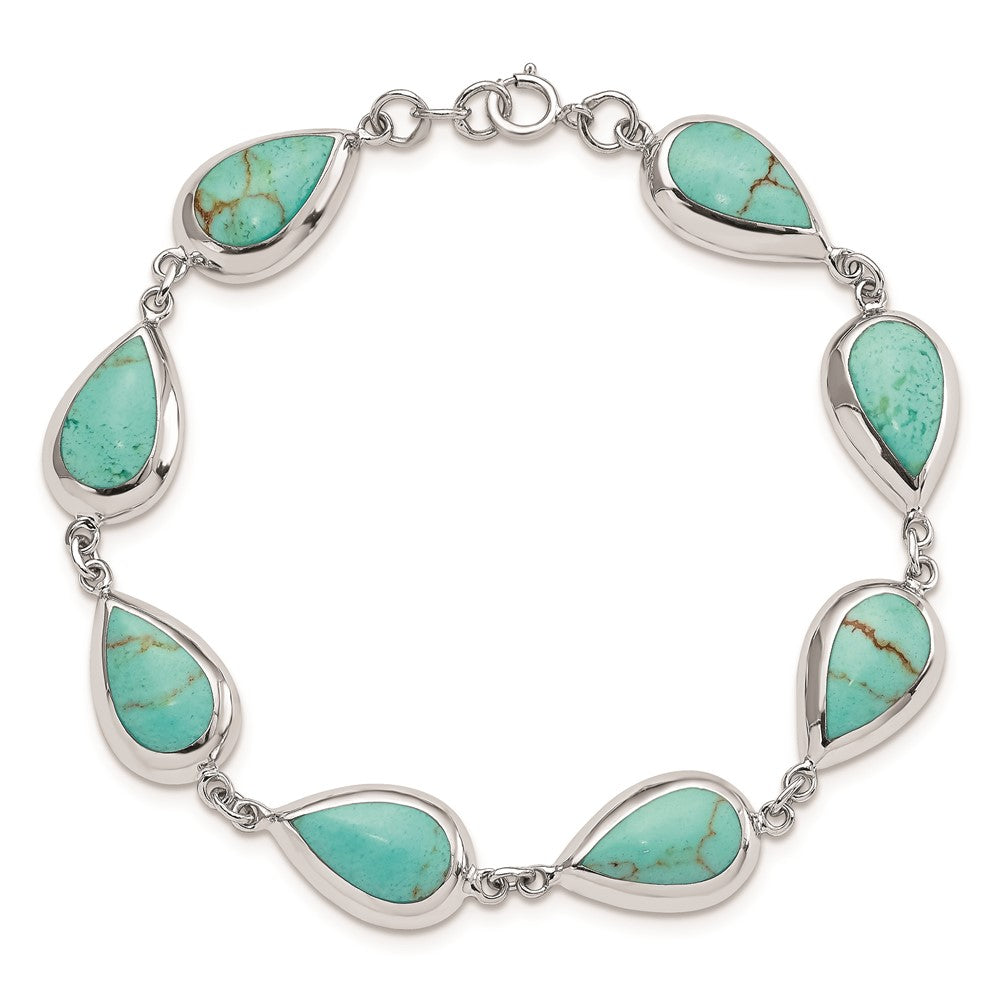 Sterling Silver Rhodium-plated Teardrop Synthetic Turquoise Bracelet 7.75 inches