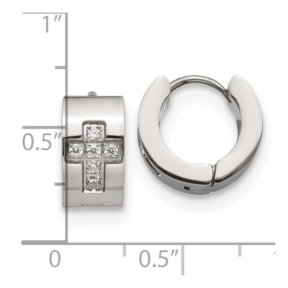 Stainless Steel Polished w/CZ Cross 7mm Hinged Hoop Earrings