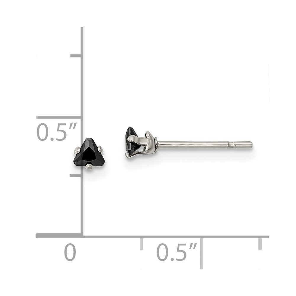 Stainless Steel Polished 3mm Black Triangle CZ Stud Post Earrings