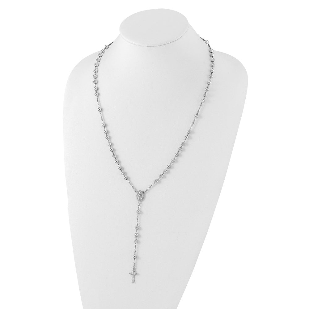 Sterling Silver Rhodium-plated Beaded Rosary Necklace 25 Inches