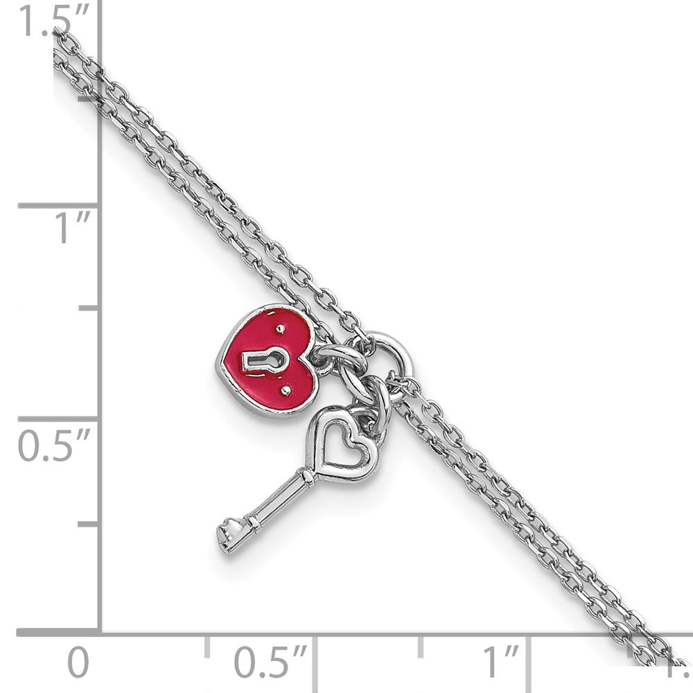 Sterling Silver Rh-plat 2 Strand Enamel Heart Lock Key w/.75in ext Bracelet 7.5 inches
