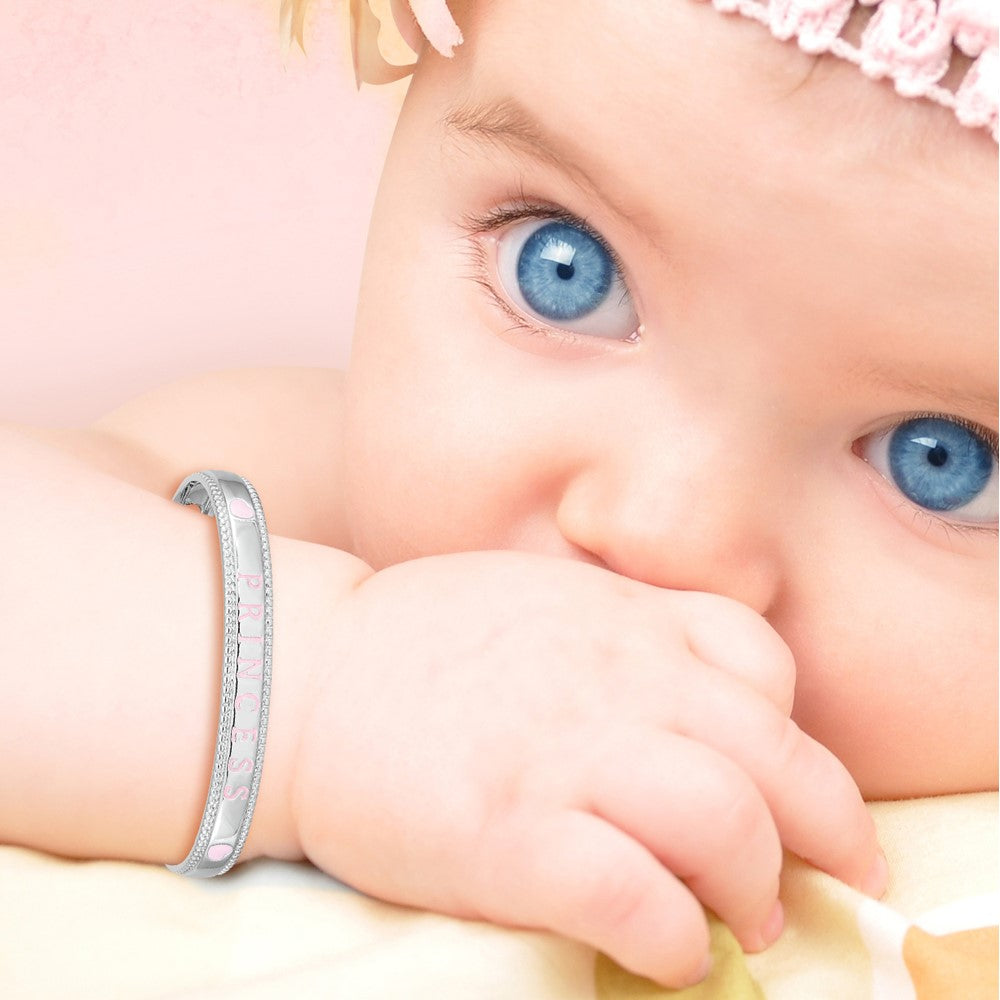 Sterling Silver Rhodium-plated Polished & Beaded Crystal & Multi-color Enameled PRINCESS with Chain Baby Bangle 4.9 inches