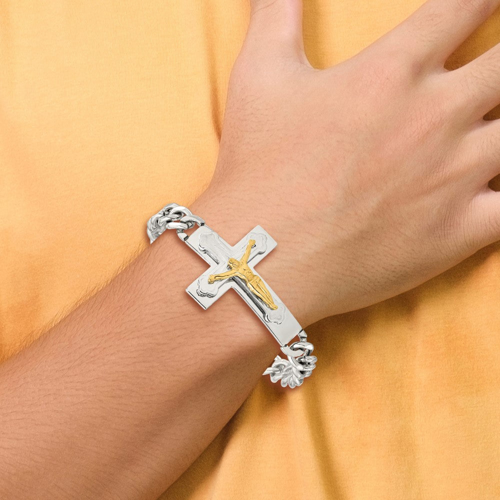 Stainless Steel Polished Yellow IP-plated Crucifix 8in Bracelet 8 inches
