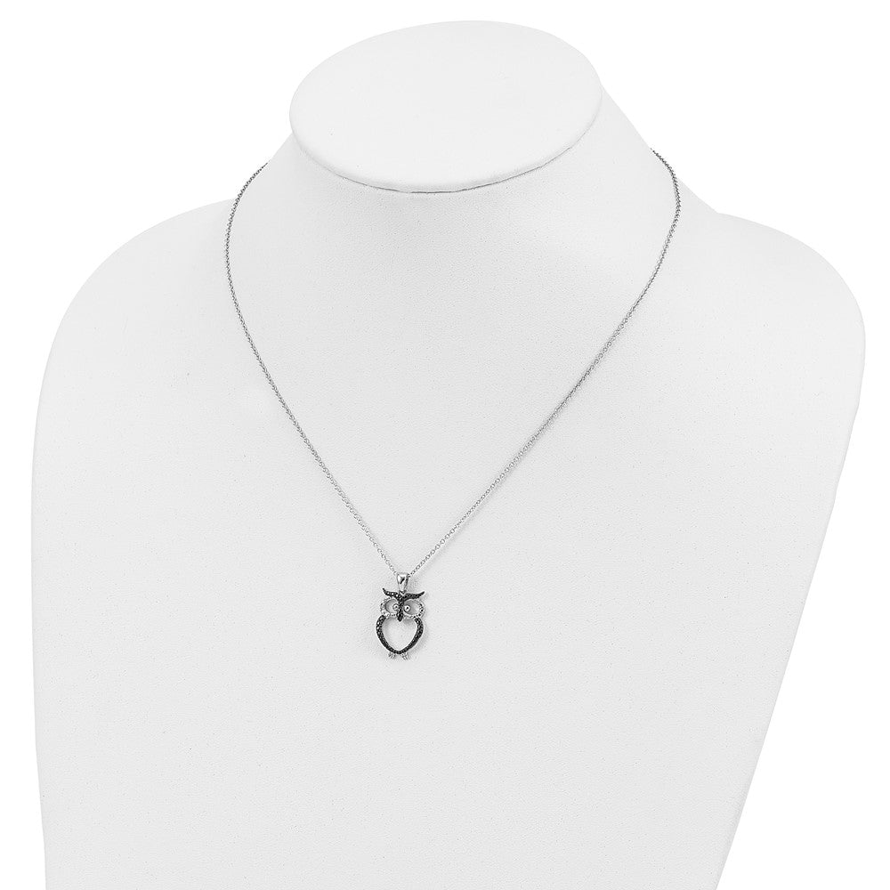 Cheryl M Sterling Silver Rhodium-plated with Black Rhodium Polished Black and White CZ Owl 16 Inch with 2 Inch Extension Necklace