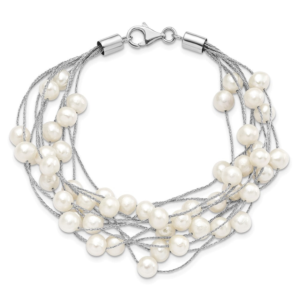 Sterling Silver Rhodium-plated 7-8mm White Semi-Round Freshwater Cultured Pearl Multi Strand 7.25 inch Bracelet 7.25 inches