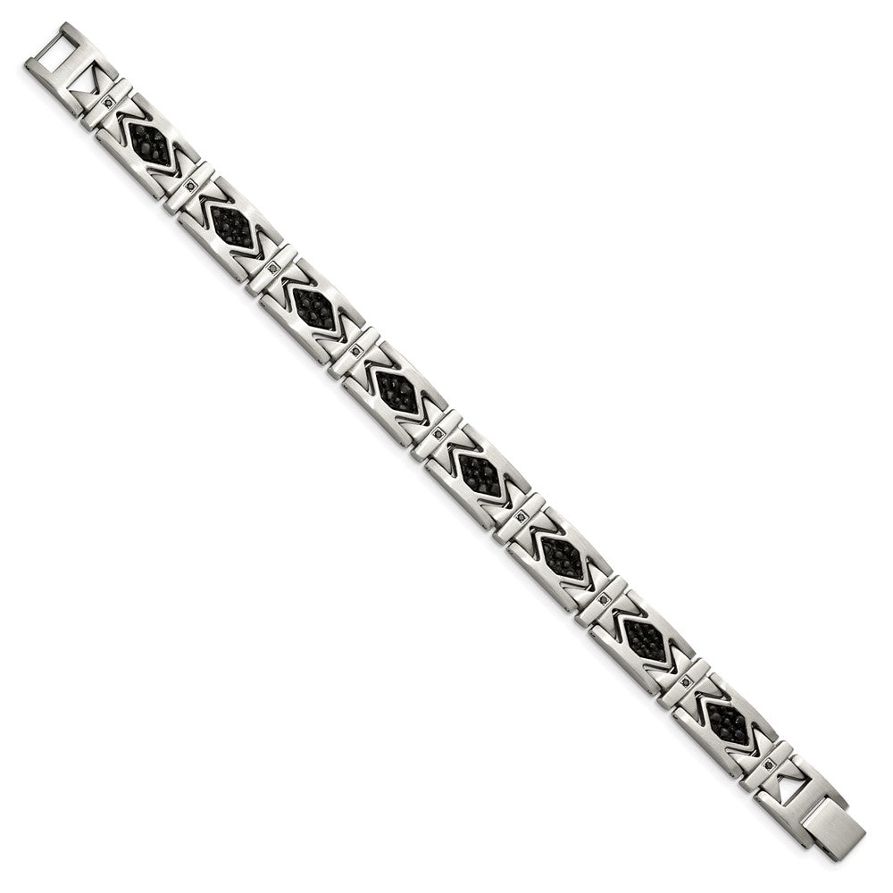 Stainless Steel Brushed with Black Leather and Black CZ 8.5in Bracelet 8.5 inches