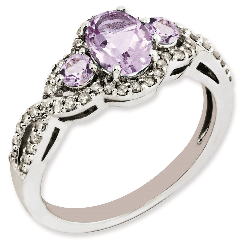 Sterling Silver Rhodium-plated Diamond & Pink Quartz Ring
